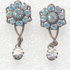 Vintage Kenny Ma Blue Rhinestone Earrings Floral Dangle 1” Midcentury 4.6g